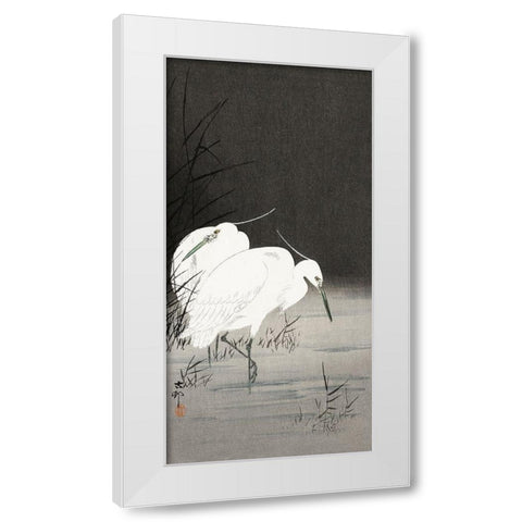 Two egrets in the reeds White Modern Wood Framed Art Print by Koson, Ohara