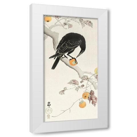 Crow with kaki fruit White Modern Wood Framed Art Print by Koson, Ohara