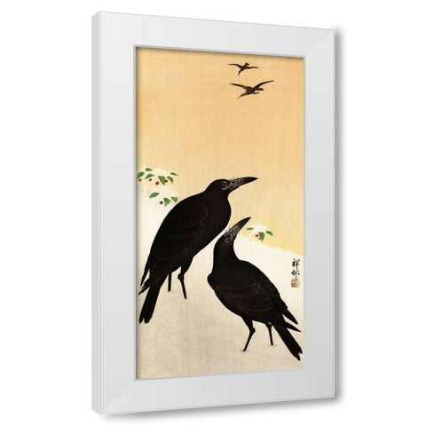 Crows in snow White Modern Wood Framed Art Print by Koson, Ohara