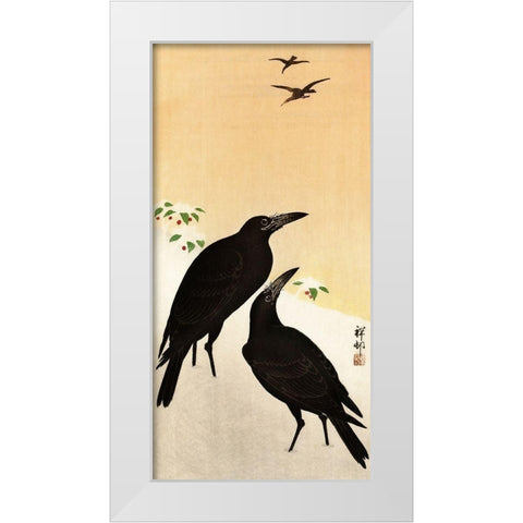 Crows in snow White Modern Wood Framed Art Print by Koson, Ohara