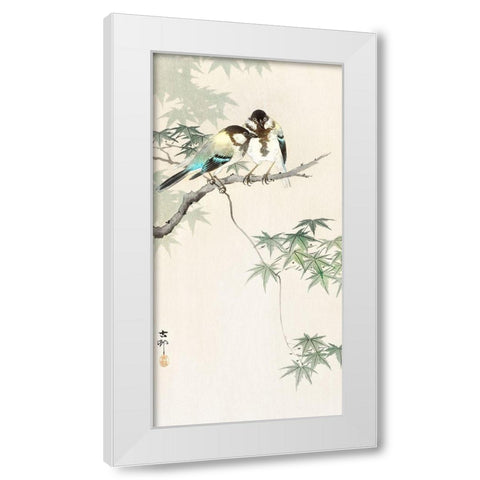 Great tits on maple branch White Modern Wood Framed Art Print by Koson, Ohara