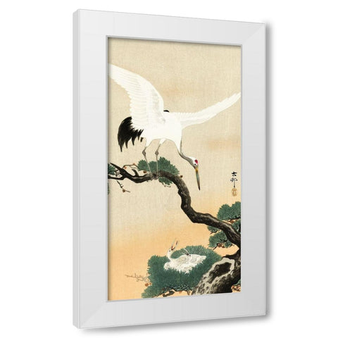 Japanese crane bird on branch of pine White Modern Wood Framed Art Print by Koson, Ohara