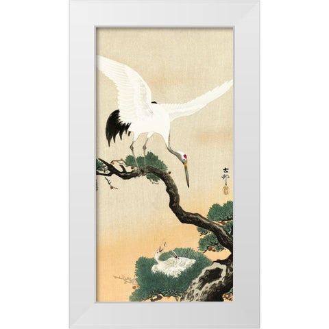 Japanese crane bird on branch of pine White Modern Wood Framed Art Print by Koson, Ohara