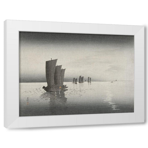 Fishing boats at dusk White Modern Wood Framed Art Print by Koson, Ohara
