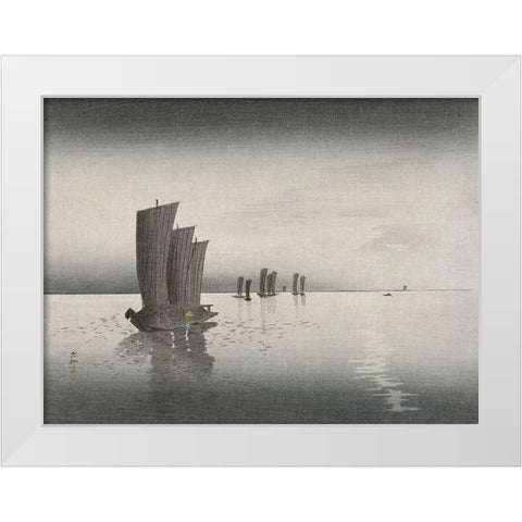 Fishing boats at dusk White Modern Wood Framed Art Print by Koson, Ohara