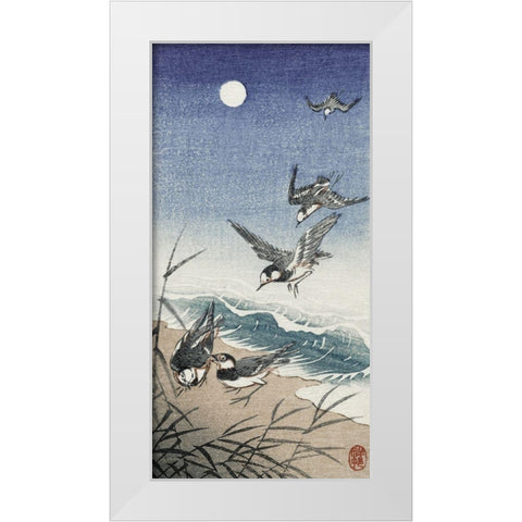 Birds at full moon White Modern Wood Framed Art Print by Koson, Ohara