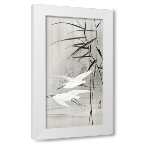 Two egrets in flight White Modern Wood Framed Art Print by Koson, Ohara