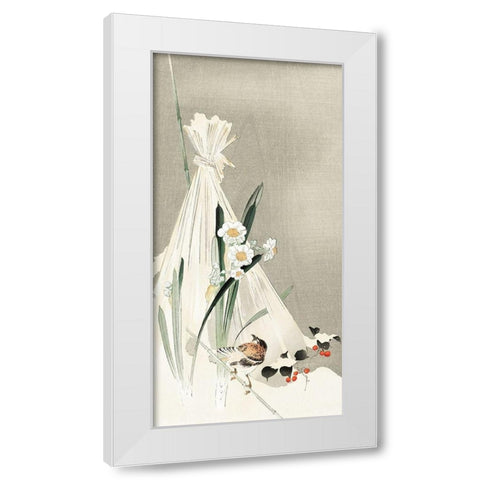 A bird with narcissus flowers and a hay bundle White Modern Wood Framed Art Print by Koson, Ohara