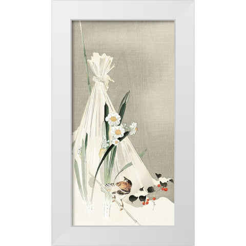 A bird with narcissus flowers and a hay bundle White Modern Wood Framed Art Print by Koson, Ohara