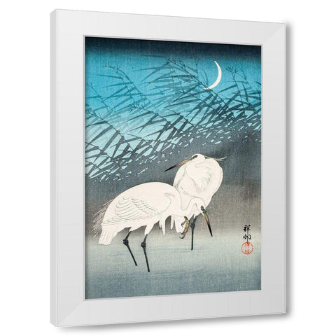 Egrets and Reeds in Moonlight White Modern Wood Framed Art Print by Koson, Ohara