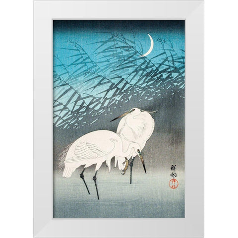 Egrets and Reeds in Moonlight White Modern Wood Framed Art Print by Koson, Ohara