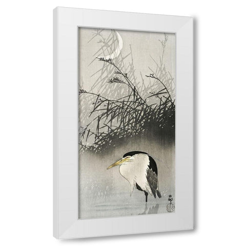 Heron at new moon White Modern Wood Framed Art Print by Koson, Ohara