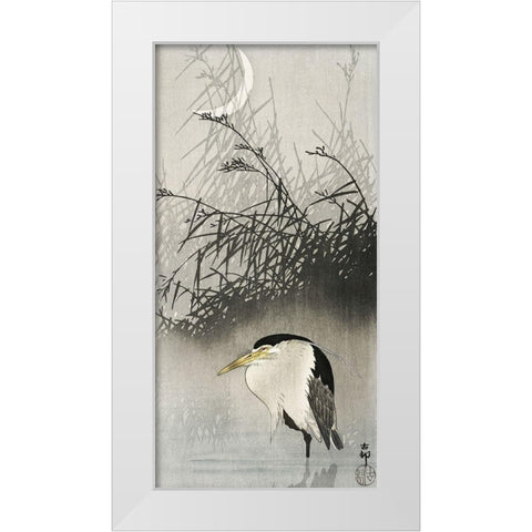 Heron at new moon White Modern Wood Framed Art Print by Koson, Ohara