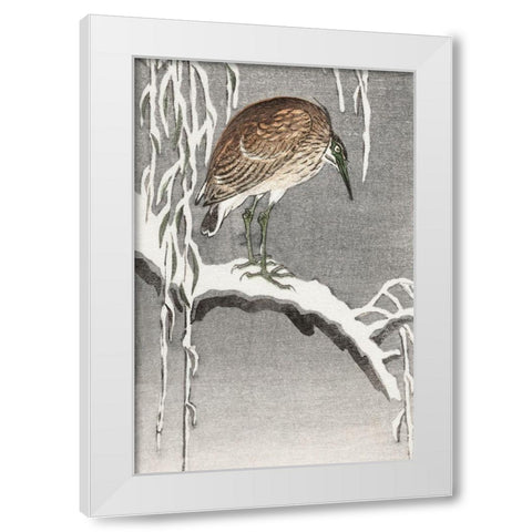 Heron on snowy tree branch White Modern Wood Framed Art Print by Koson, Ohara
