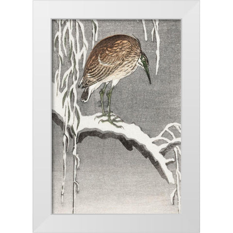 Heron on snowy tree branch White Modern Wood Framed Art Print by Koson, Ohara
