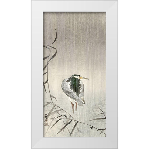 Kwak in rain White Modern Wood Framed Art Print by Koson, Ohara