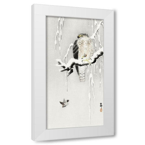 Hawk with captured ring sparrow White Modern Wood Framed Art Print by Koson, Ohara