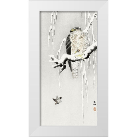 Hawk with captured ring sparrow White Modern Wood Framed Art Print by Koson, Ohara