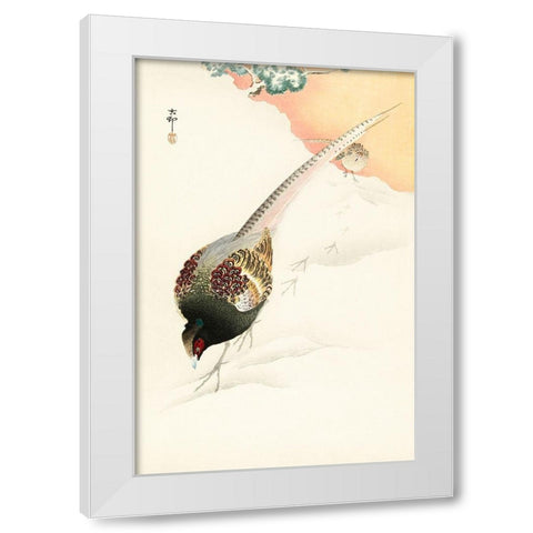 Pheasant couple in the snow White Modern Wood Framed Art Print by Koson, Ohara