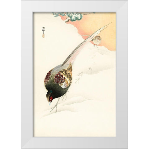 Pheasant couple in the snow White Modern Wood Framed Art Print by Koson, Ohara