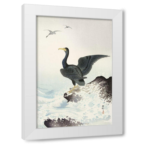 Red mask cormorant on rock White Modern Wood Framed Art Print by Koson, Ohara