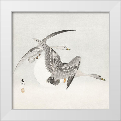 Two colt geese in flight White Modern Wood Framed Art Print by Koson, Ohara