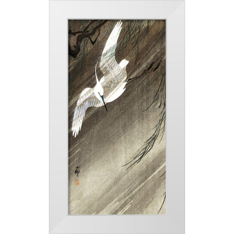Egret in storm White Modern Wood Framed Art Print by Koson, Ohara