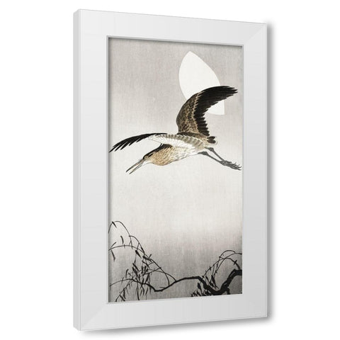Heron and moon White Modern Wood Framed Art Print by Koson, Ohara