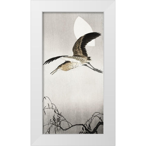 Heron and moon White Modern Wood Framed Art Print by Koson, Ohara
