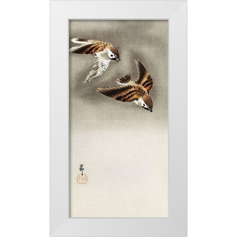 Ring sparrows in snow White Modern Wood Framed Art Print by Koson, Ohara