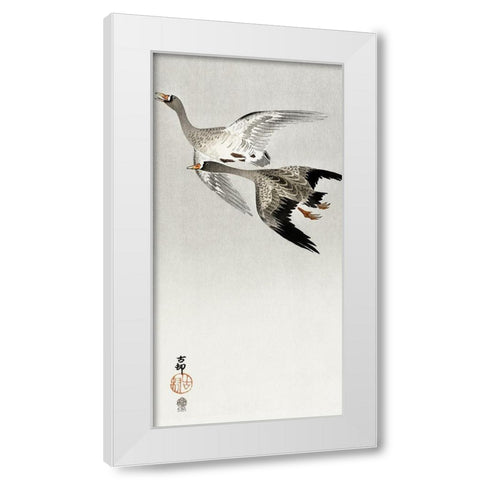 Great geese, flying in the snow White Modern Wood Framed Art Print by Koson, Ohara