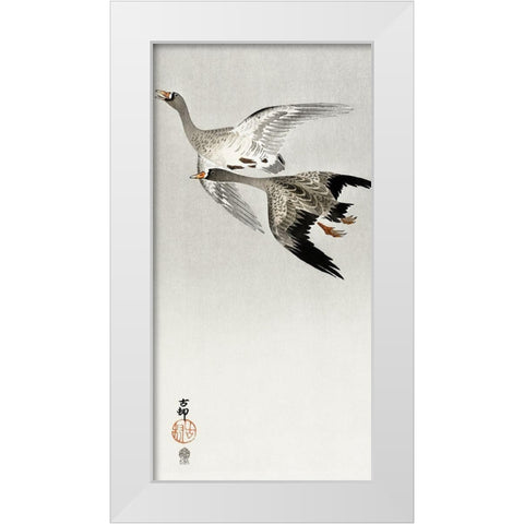 Great geese, flying in the snow White Modern Wood Framed Art Print by Koson, Ohara