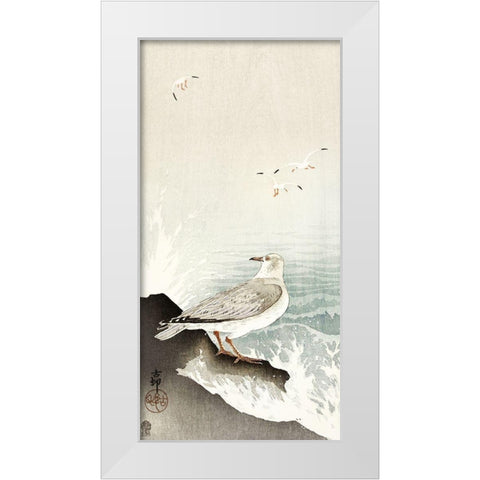 Gull on rock White Modern Wood Framed Art Print by Koson, Ohara