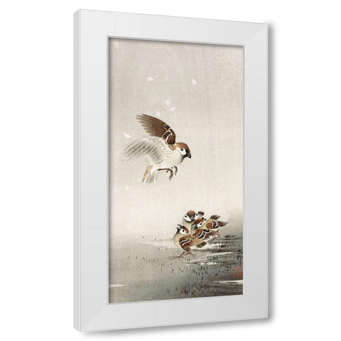 Tree sparrow with babies White Modern Wood Framed Art Print by Koson, Ohara