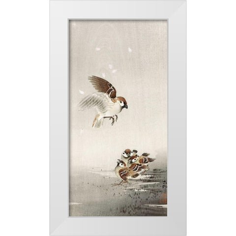 Tree sparrow with babies White Modern Wood Framed Art Print by Koson, Ohara