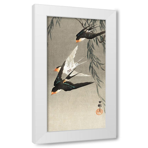 Three red-tailed swallows in dive White Modern Wood Framed Art Print by Koson, Ohara