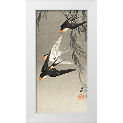 Three red-tailed swallows in dive White Modern Wood Framed Art Print by Koson, Ohara