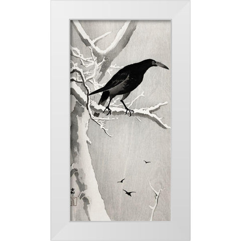 Crow on snowy tree branch White Modern Wood Framed Art Print by Koson, Ohara
