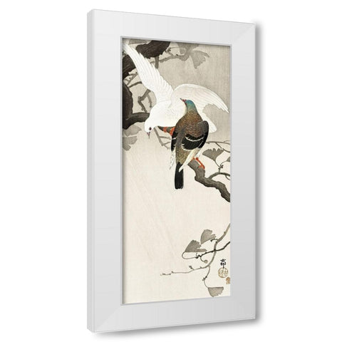 Two pigeons on a branch White Modern Wood Framed Art Print by Koson, Ohara