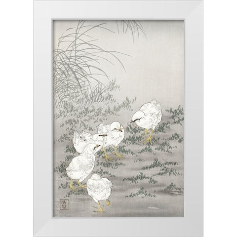 Five chicks White Modern Wood Framed Art Print by Koson, Ohara