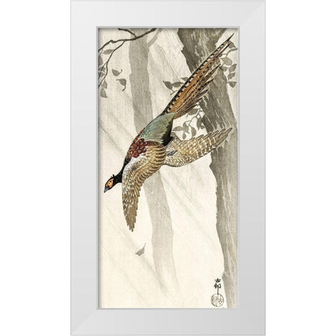 Flying pheasant White Modern Wood Framed Art Print by Koson, Ohara