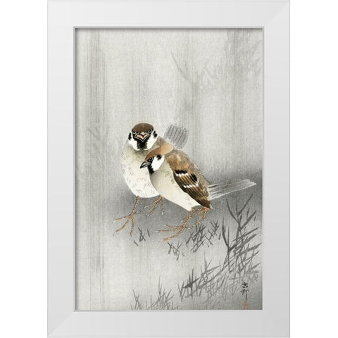 Two ring sparrows in the rain White Modern Wood Framed Art Print by Koson, Ohara