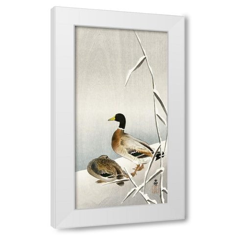 Two ducks on snowy reed White Modern Wood Framed Art Print by Koson, Ohara