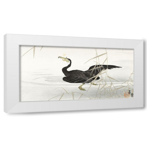 Japanese cormorant catching fish White Modern Wood Framed Art Print by Koson, Ohara
