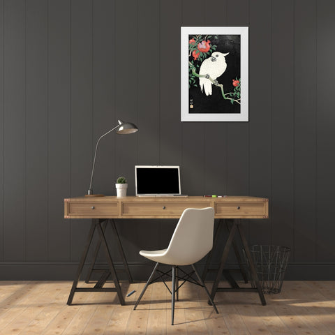Cockatoo and Pomegranate White Modern Wood Framed Art Print by Koson, Ohara