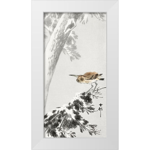 Indian quack on snowy tree branch White Modern Wood Framed Art Print by Koson, Ohara