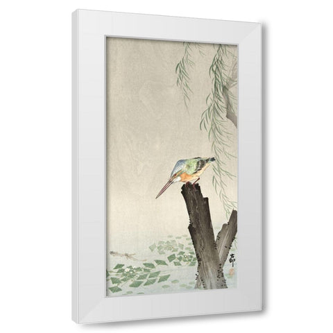 Kingfisher on a tree stump White Modern Wood Framed Art Print by Koson, Ohara