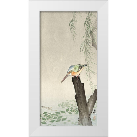 Kingfisher on a tree stump White Modern Wood Framed Art Print by Koson, Ohara