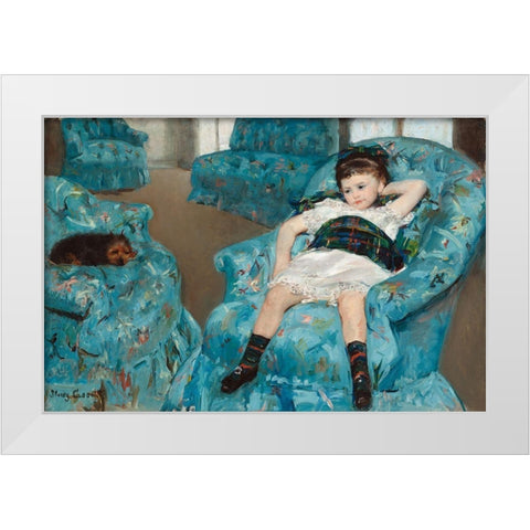 Little Girl in a Blue Armchair White Modern Wood Framed Art Print by Cassatt, Mary