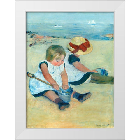 Children Playing on the Beach White Modern Wood Framed Art Print by Cassatt, Mary